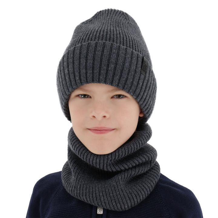 Mütze und Schlauchschal für Jungen, Winterset, 100% Merinowolle, mit Merinowolle gefüttert, grau Harbin