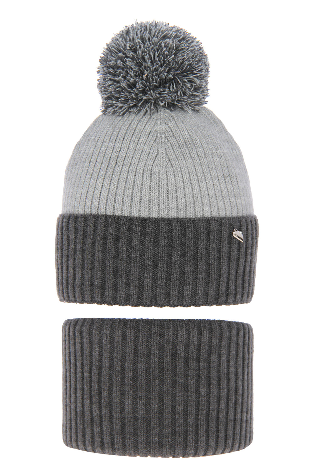 Winterset Mädchen: Mütze und Schlauchschal mit Bommel Grau Kolumbina