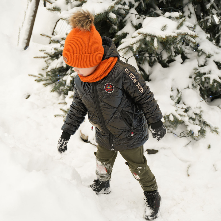 Winterset Jungen: Mütze und Schlauchschal mit Bommel Khaki Opal