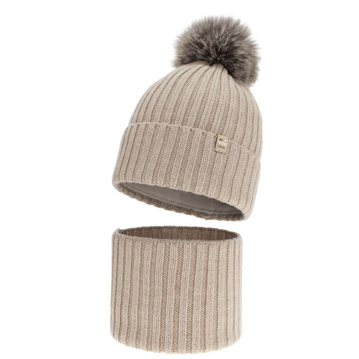 Winterset Mädchen: Mütze und Schlauchschal, beige, 100% Merinowolle, Baumwollfutter, mit Bommel, Terida