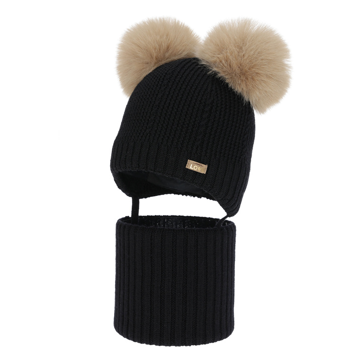 Mädchen Mütze und Schal, Winter Set, schwarz, 100% Merinowolle, gefüttert mit Wollfleece, Lumia