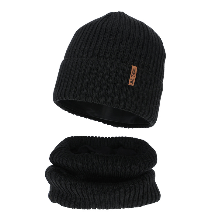 Winterset Jungen: Mütze und Schlauchschal, schwarz, mit Merinowolle, Colton