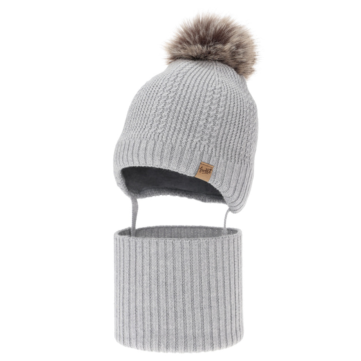 Jungen Mütze und Schal, Winter Set, grau, 100% Merinowolle, gefüttert mit Wollfleece, zum Binden Danny