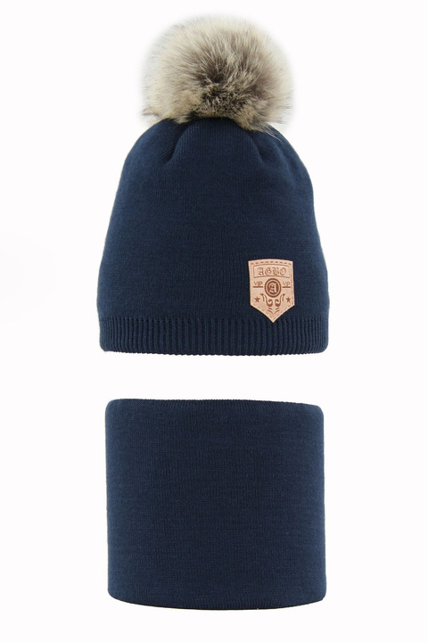 Winterset Jungen: Mütze und Schlauchschal mit Bommel Navy Blau Apolin