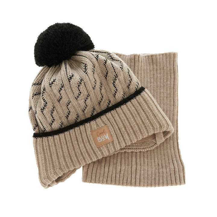 Winterset Jungen: Mütze und Schlauchschal mit Bommel Blau Pikolo