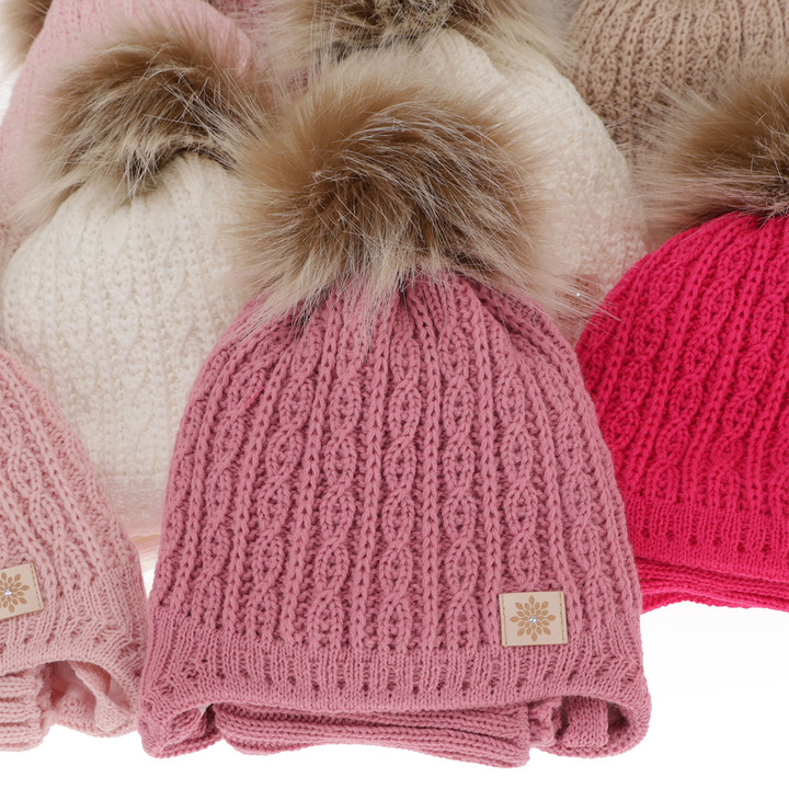 Winterset für Mädchen: Mütze und Schlauchschal mit Bommel in Beige Passa