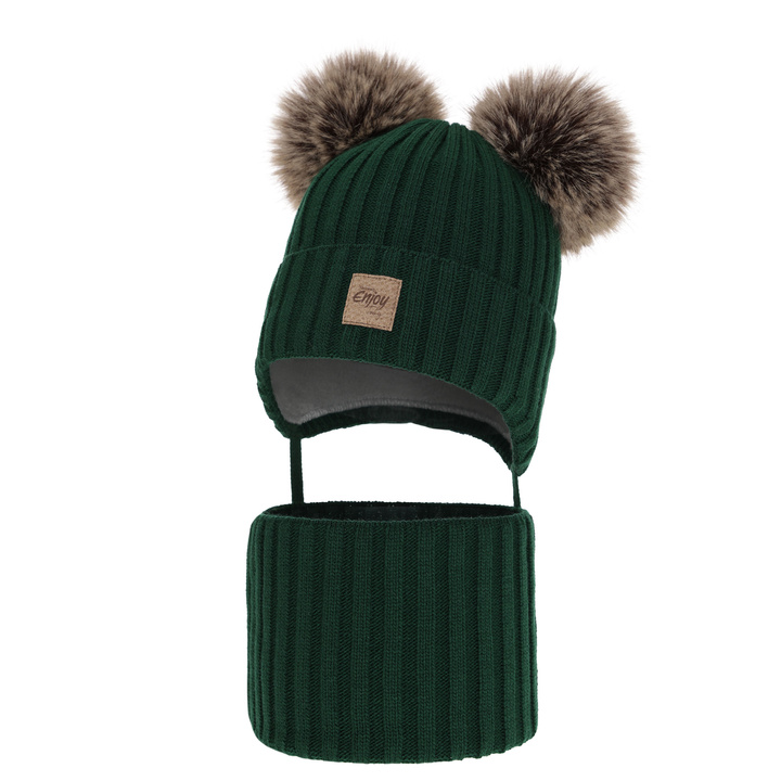 Winterset für Jungen: Mütze und Schlauchschal mit zwei Bommeln Grün Orange