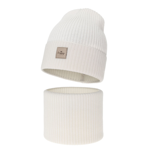 Herbst und Frühlingsset Mädchen: Mütze und Schlauchschal, 100% Merinowolle, Weiß, Vanita