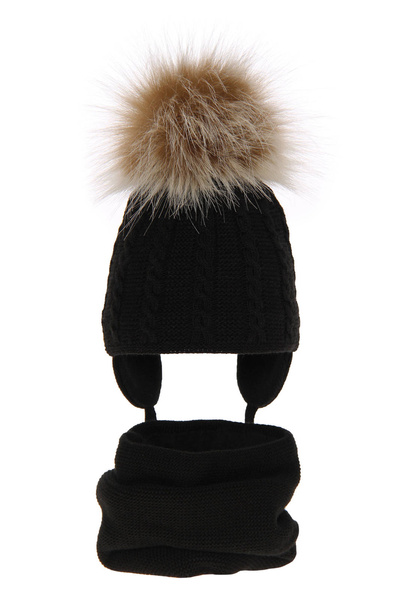 Winterset Mädchen: Mütze und Schlauchschal mit Bommel Schwarz Klementin