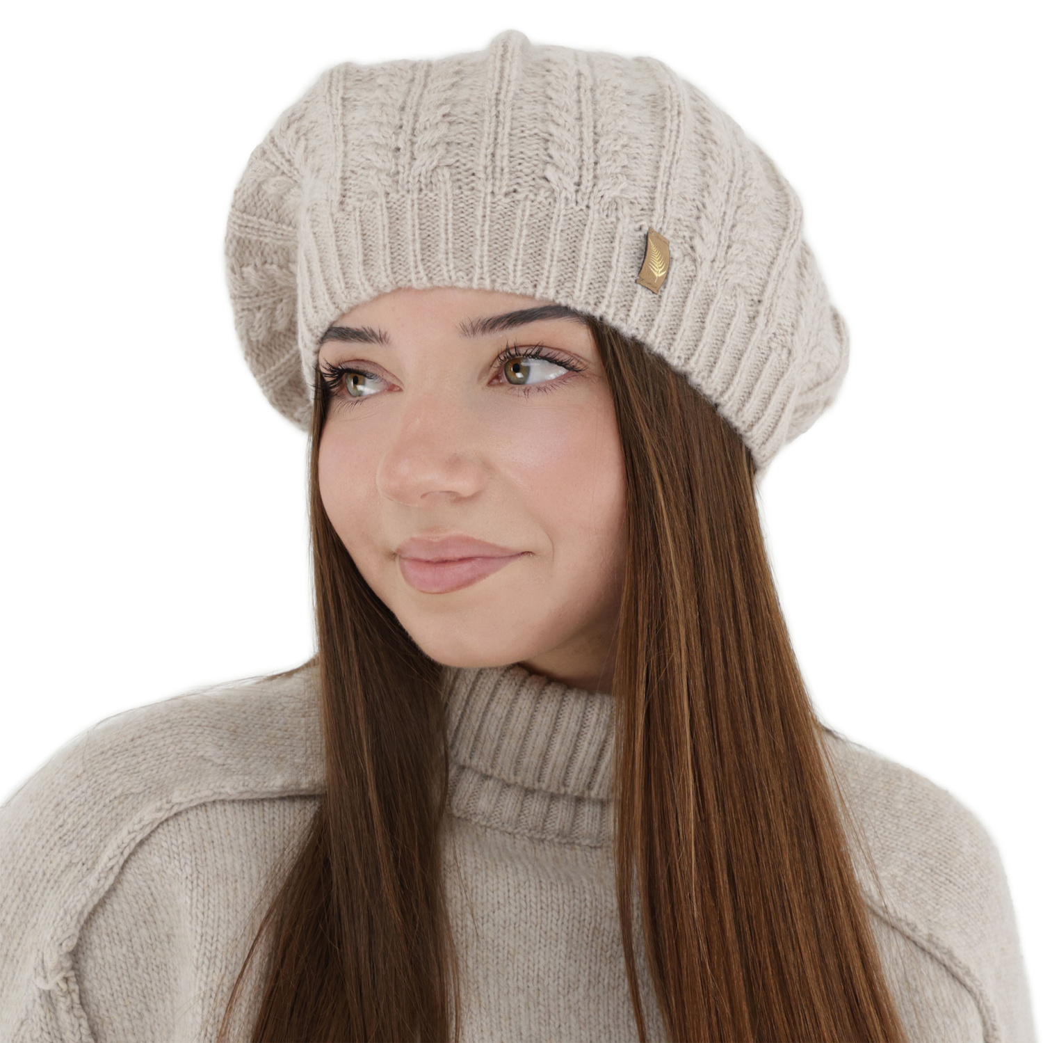 Beret Damen Winter, beige, mit Merinowolle, Senja