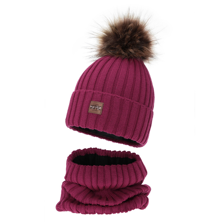 Winterset Mädchen: Mütze und Schlauchschal, amarantowy, gefüttert mit Fleece, mit Merinowolle, Bellina