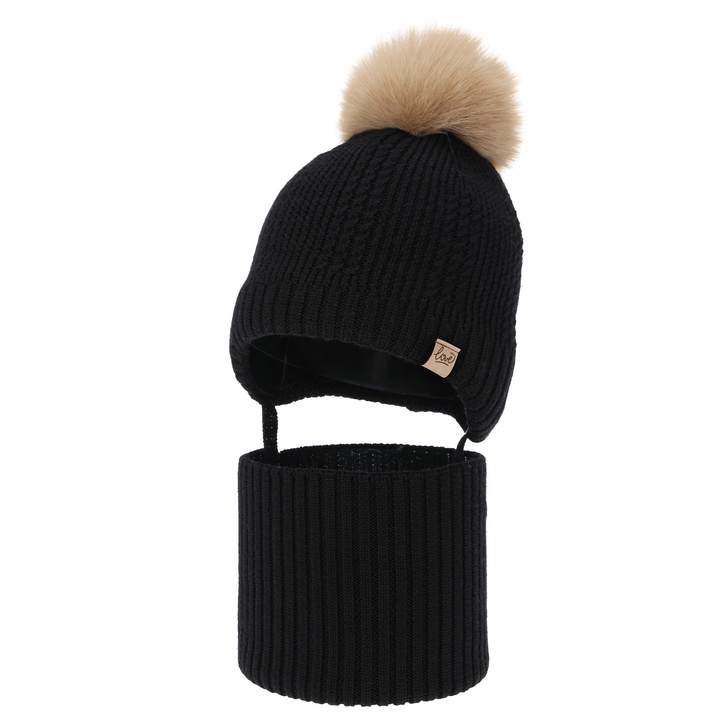 Mütze und Schlauchschal für Mädchen Winterset, schwarz, 100% Merinowolle, mit Wollfleecefutter, gebunden Danielle