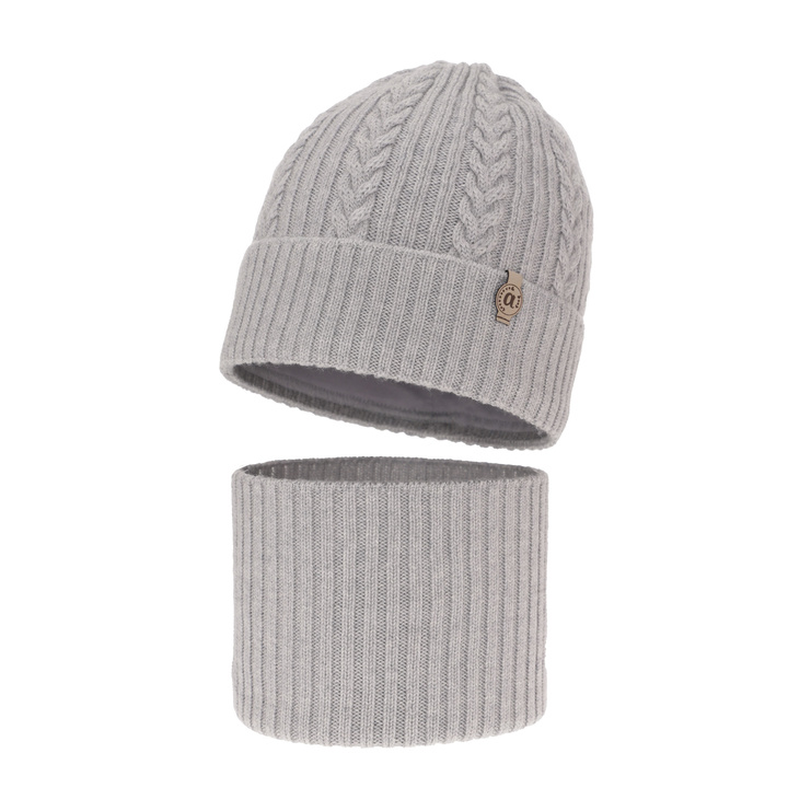 Winterset Mädchen: Mütze und Schlauchschal aus 100% extrafeiner Merinowolle in Grau Jenny