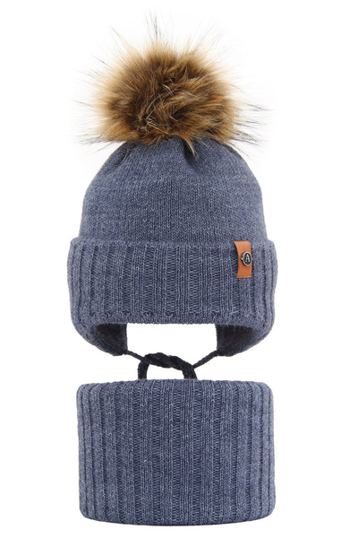 Winterset Jungen: Mütze und Schlauchschal mit Bommel Blau Dominik