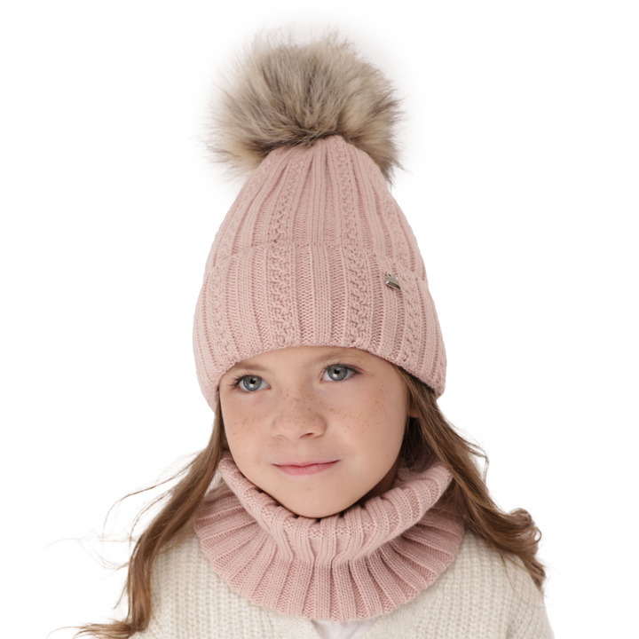 Winterset Mädchen: Mütze und Schlauchschal mit Bommel Beige Wirginia
