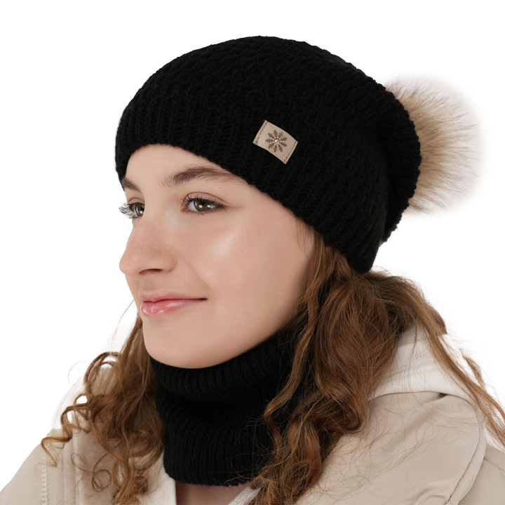 Winterset Mädchen: Mütze und Schlauchschal mit Bommel Schwarz Germina