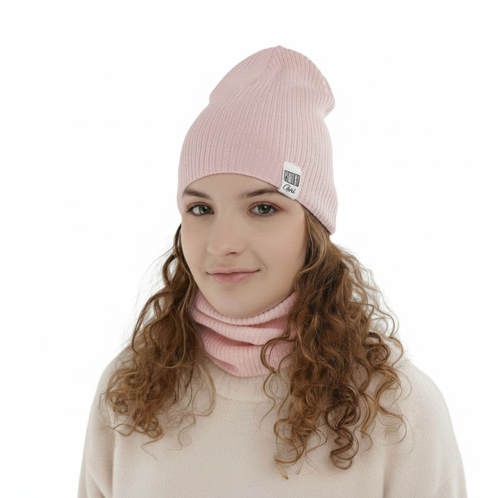 Herbst und Frühlingsset Mädchen: Mütze und Schlauchschal, mit Baumwolle, Rosa Farinka