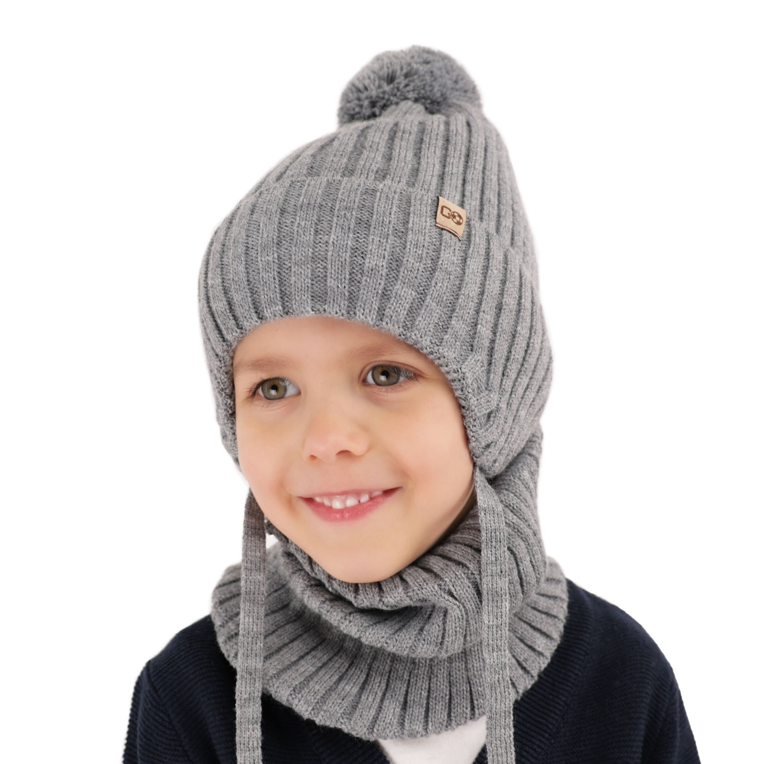 Winterset für Jungen: Mütze und Schlauchschal mit Bommel in Navy Blau Carlo