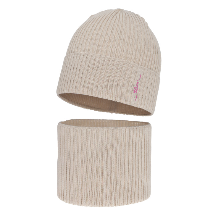 Herbst und Frühlingsset Mädchen: Mütze und Schlauchschal, mit Baumwolle, beige, Elvara