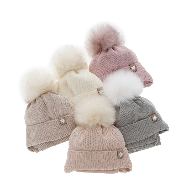 Winterset für Mädchen: Mütze und Schal aus Merinowolle in Beige Arika