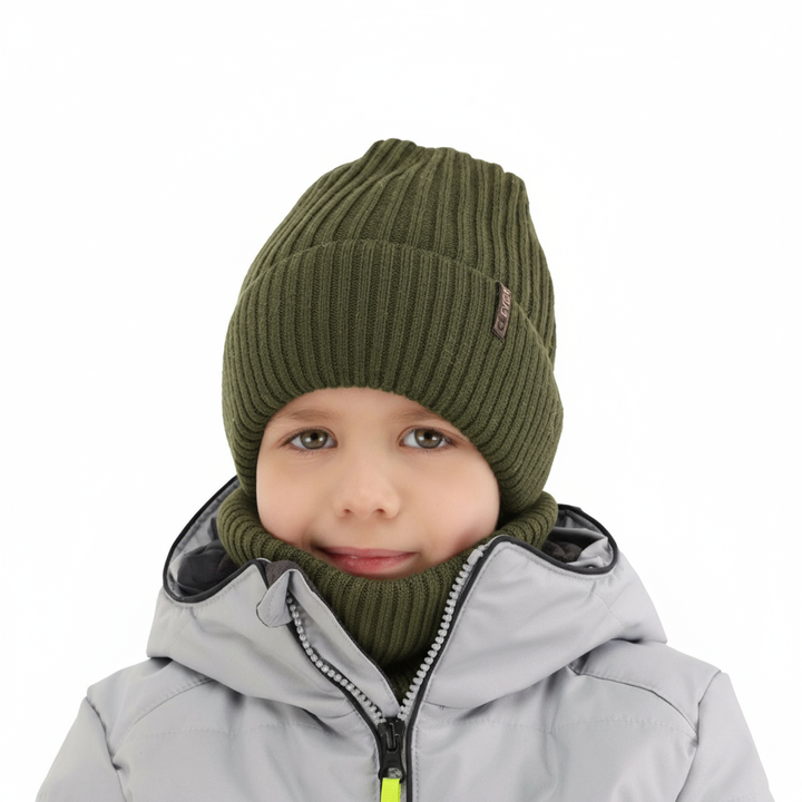 Winterset Jungen: Mütze und Schlauchschal, 100% Merinowolle, Khaki, Gizmo