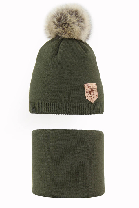 Winterset Jungen: Mütze und Schlauchschal mit Bommel khaki Apolin
