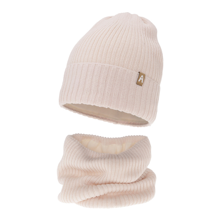 Winterset für Mädchen: Mütze und Schlauchschal aus Merinowolle in Beige Peggy
