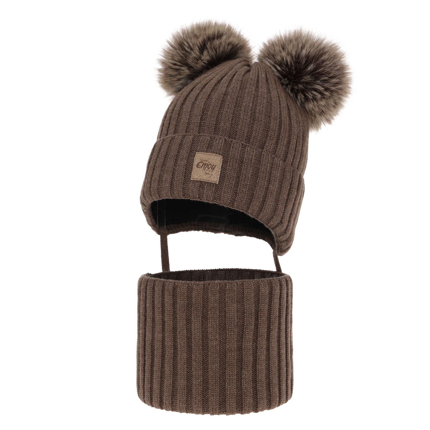 Winterset für Jungen: Mütze und Schlauchschal mit zwei Bommeln Braun Orange