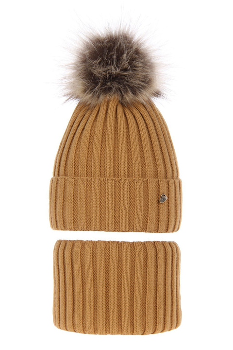 Winterset Mädchen: Mütze und Schlauchschal mit Bommel camel Wilma