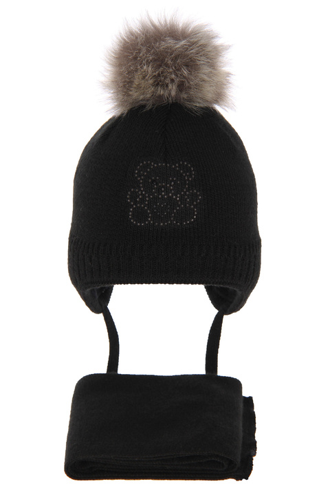 Winterset Jungen: Mütze und Schal mit Bommel Schwarz Arti
