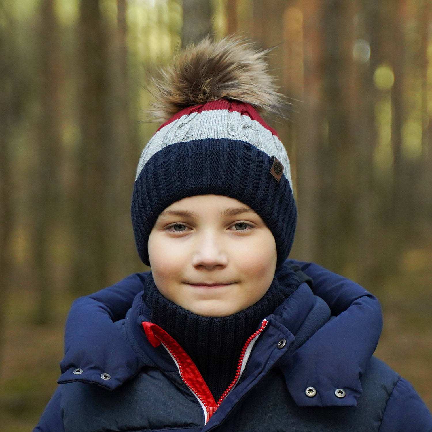 Winterset Jungen: Mütze und Schlauchschal mit Bommel Blau Karmel