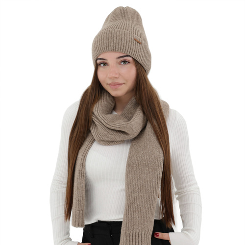 Winterset Damen: Mütze und Schal, Winter, dunkelbeige, mit Merinowolle, Seala