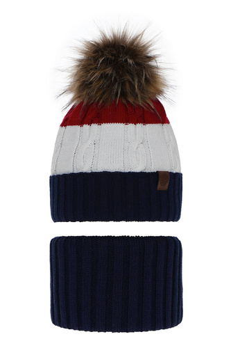Winterset Jungen: Mütze und Schlauchschal mit Bommel Navy Blau Karmel