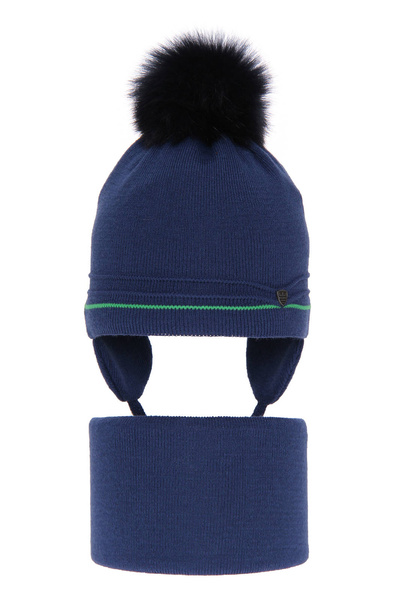 Winterset Jungen: Mütze und Schlauchschal mit Bommel Blau Burgund