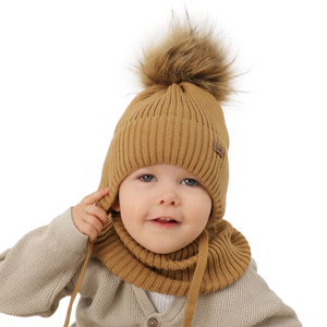 Winterset für Jungen: Mütze und Schlauchschal mit Bommel in Beige Bergo
