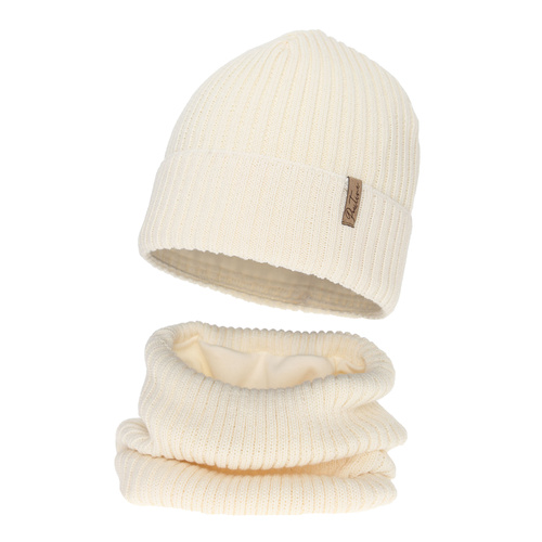 Mütze und Schlauchschal mit Polarfleechfutter für Mädchen, Winter, cremefarbenen, mit Merinowolle, Odette