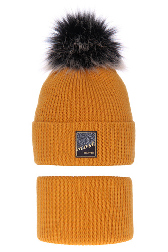 Winterset Mädchen: Mütze und Schlauchschal mit Bommel Honig Sycylia