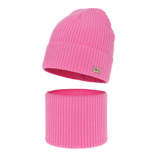 Herbst und Frühlingsset Mädchen: Mütze und Schlauchschal 100% extrafeine Merinowolle Rosa Itra