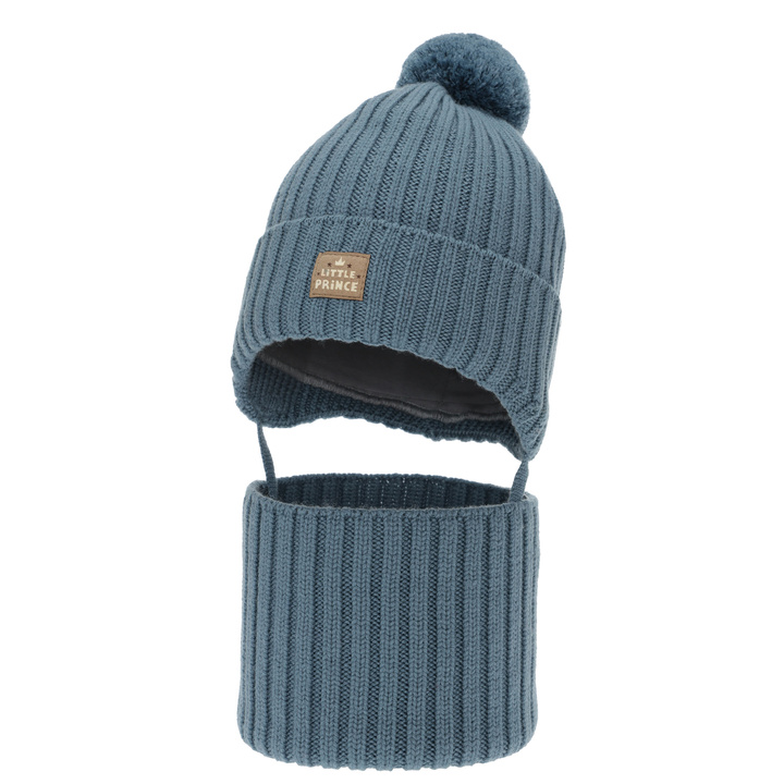 Winterset Jungen: Mütze und Schlauchschal, blau, 100% Merinowolle, Baumwollfutter, gebunden, Masil