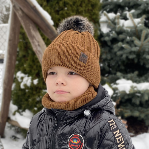 Winterset Jungen: Mütze und Schlauchschal mit Bommel Camel Havier