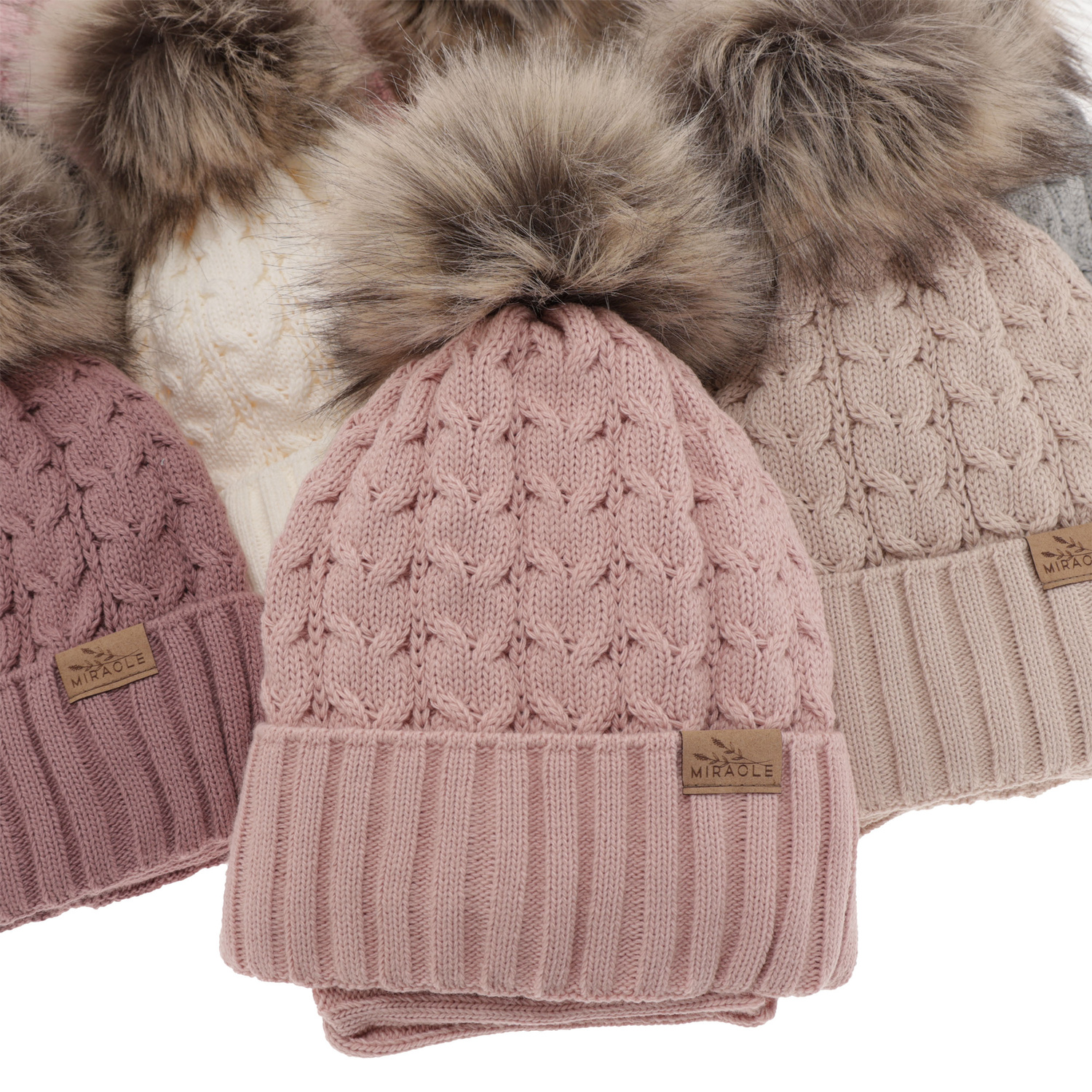 Winterset Mädchen: Mütze und Schlauchschal mit Bommel Beige Tanzania