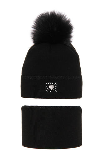 Winterset Mädchen: Mütze und Schlauchschal mit Bommel Schwarz Sendi