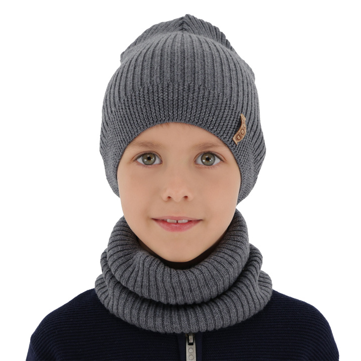 Herbst und Frühlingsset Jungen: Mütze und Schlauchschal 100% extrafeine Merinowolle Grau Chester