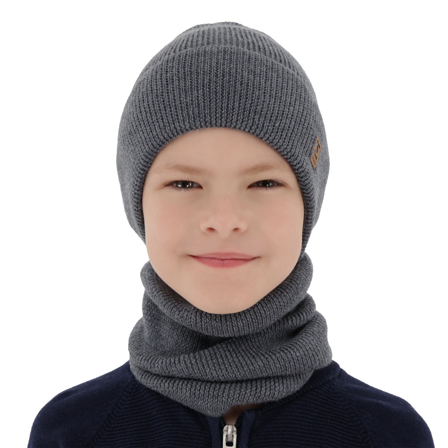 Herbst und Frühlingsset Jungen: Mütze und Schlauchschal 100% extrafeine Merinowolle Grau Bruce