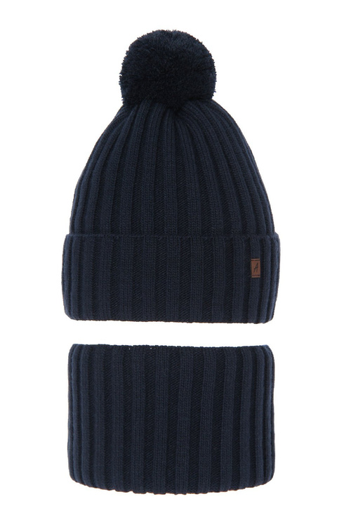 Winterset Jungen: Mütze und Schlauchschal mit Bommel Navy Blau Wiliam