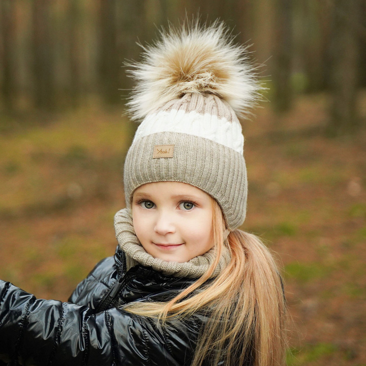 Winterset Mädchen: Mütze und Schlauchschal mit Bommel Beige Riviera