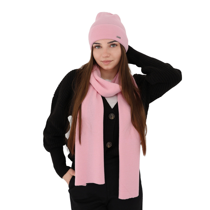 Damen-Set Frühling - Winter: Mütze und Schal Rosa 100% extrafeine Merinowolle Melpomena