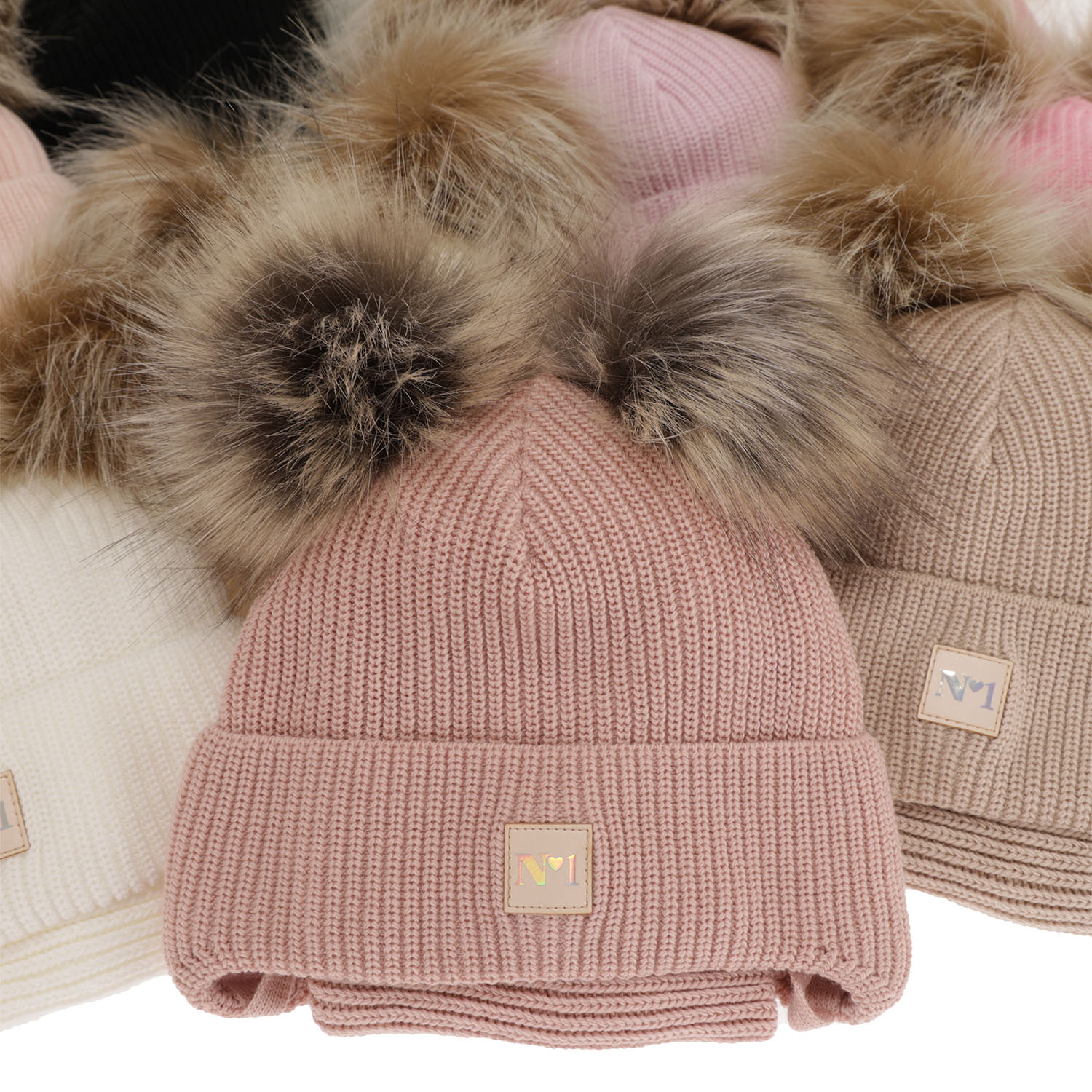 Winterset Mädchen: Mütze und Schlauchschal mit zwei Bommeln Beige Kiara