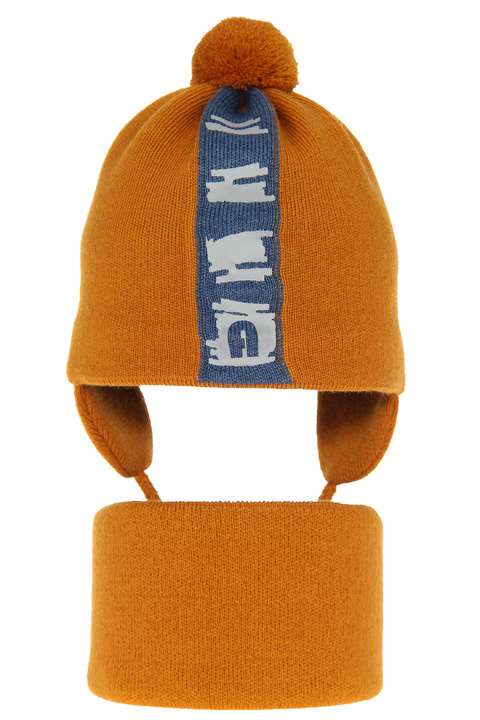 Herbst und Frühlingsset Jungen: Mütze und Schlauchschal mit Bommel Orange Saper
