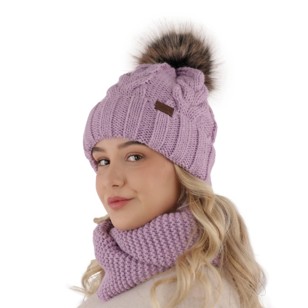 Winterset Mädchen: Mütze und Schlauchschal mit Bommel Violett Torina
